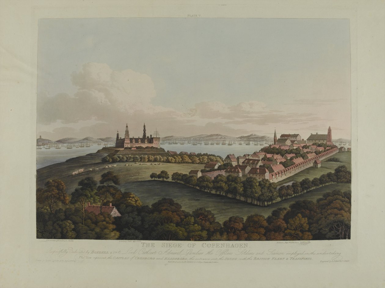 Danemark 1807 : Le siège de Copenhague, gravé par Robert Pollard (1792-1867) et Joseph Constantine Stadler (1780-1812) publié en 1807 (aquatinte colorée) - James Pattison Cockburn