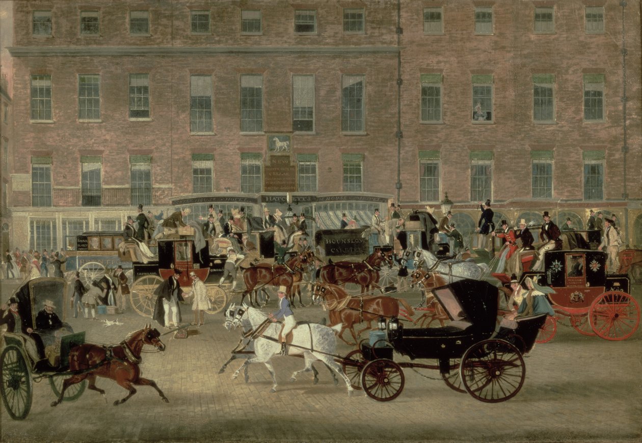 Hatchetts - la cave du cheval blanc, Piccadilly, le courrier de Devonport et une barouche au premier plan - James Pollard