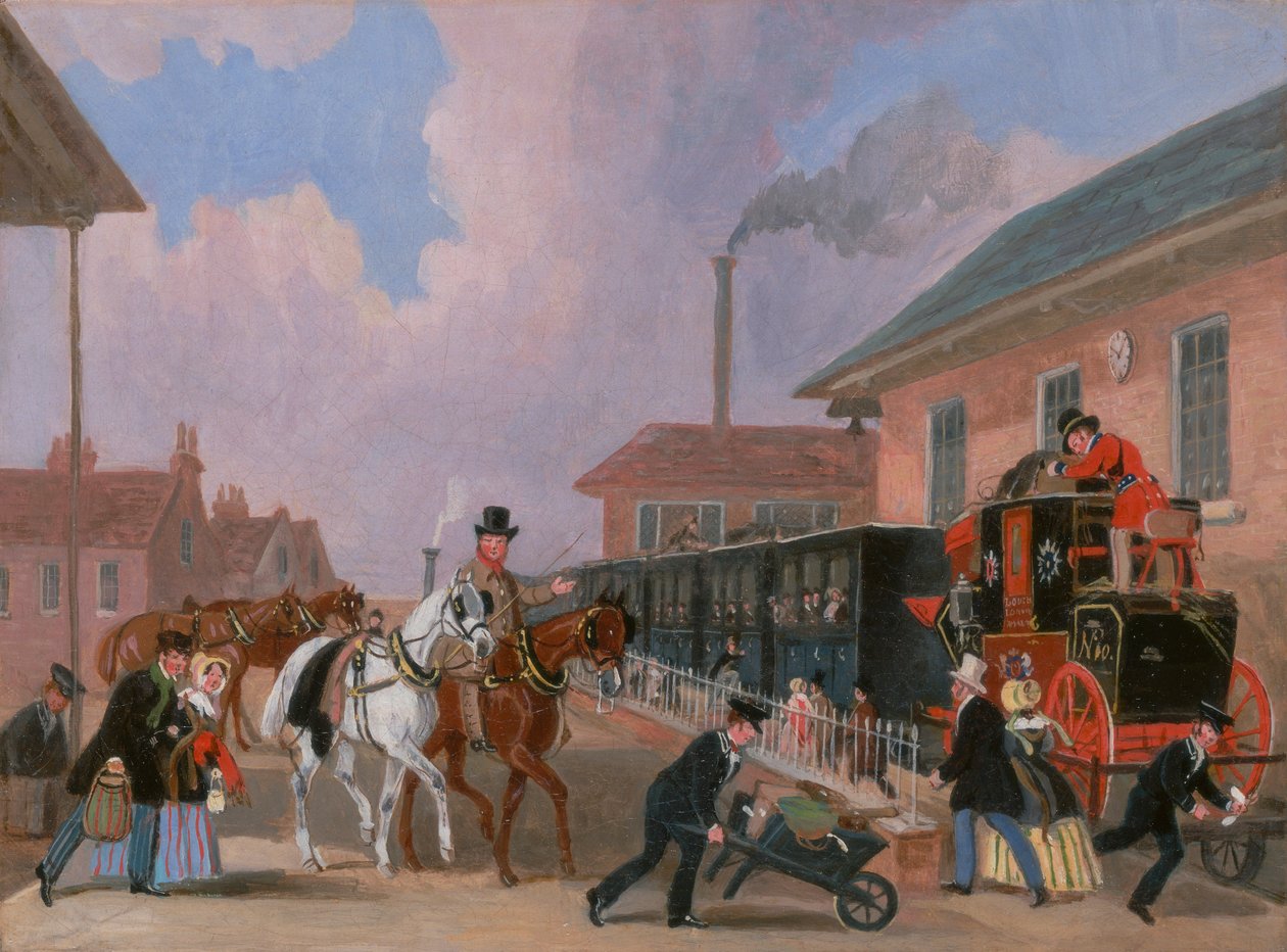 Le courrier royal Louth-Londres voyageant en train depuis Peterborough East, Northamptonshire - James Pollard