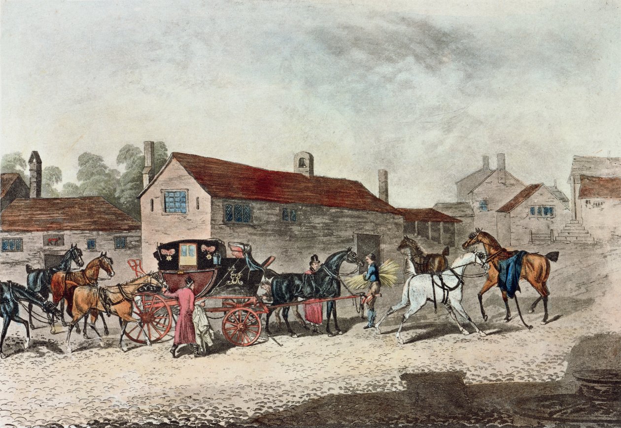 Le changement de chevaux de la malle-poste, gravé par R. Havell, 1815 - James Pollard