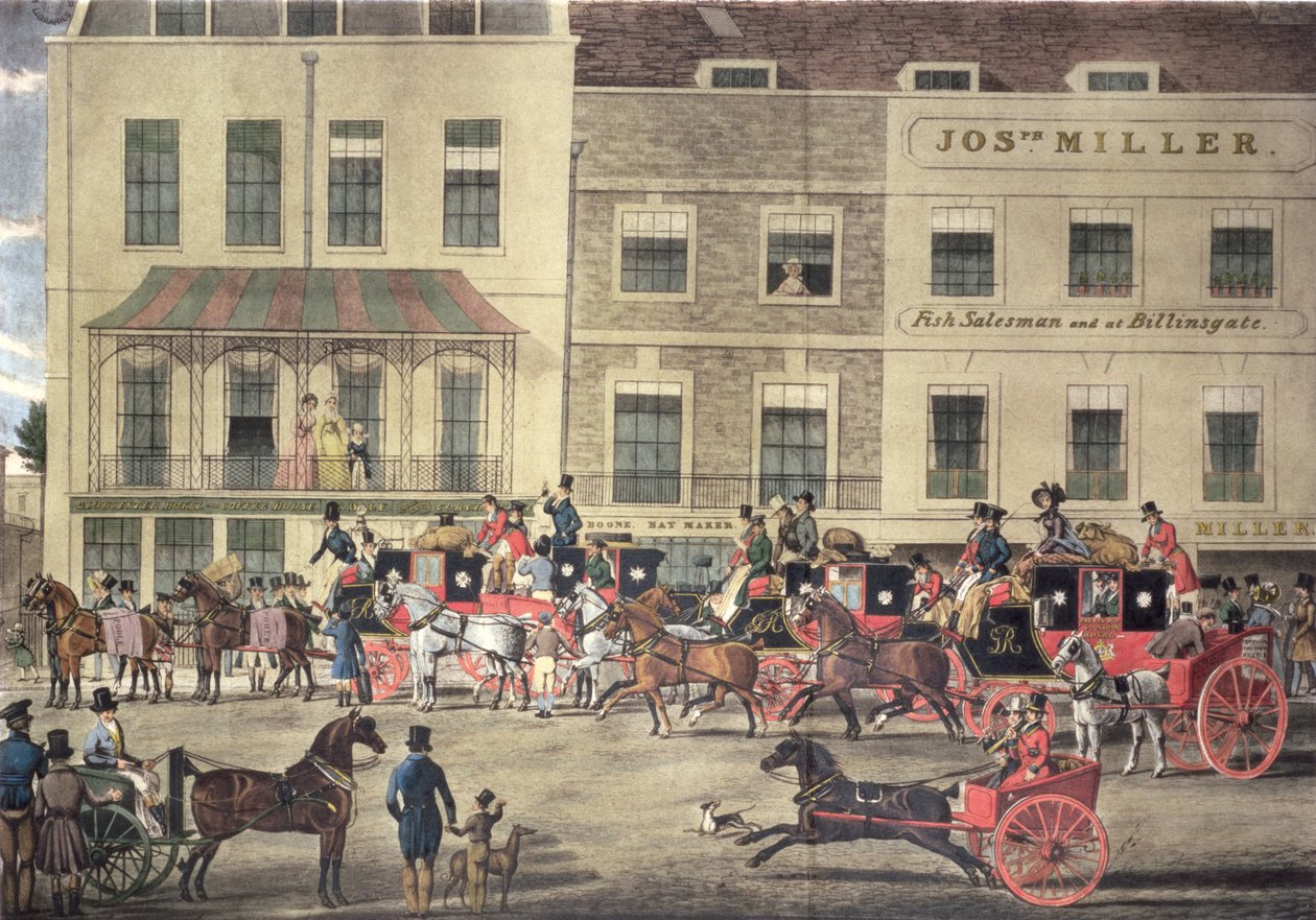 Courriers du West Country à la Gloucester Coffee House, Piccadilly, gravé par C. Rosenberg, 1828 - James Pollard