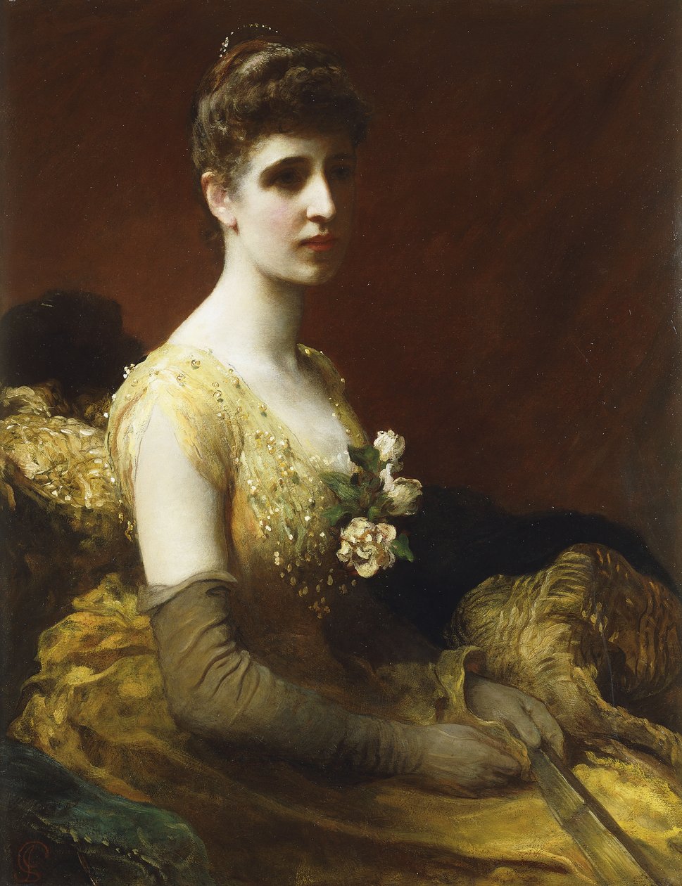 Portrait de Lady Dixon de Rheda, trois-quarts longueur, assise portant une robe jaune avec des fleurs tenant un éventail - James Sant