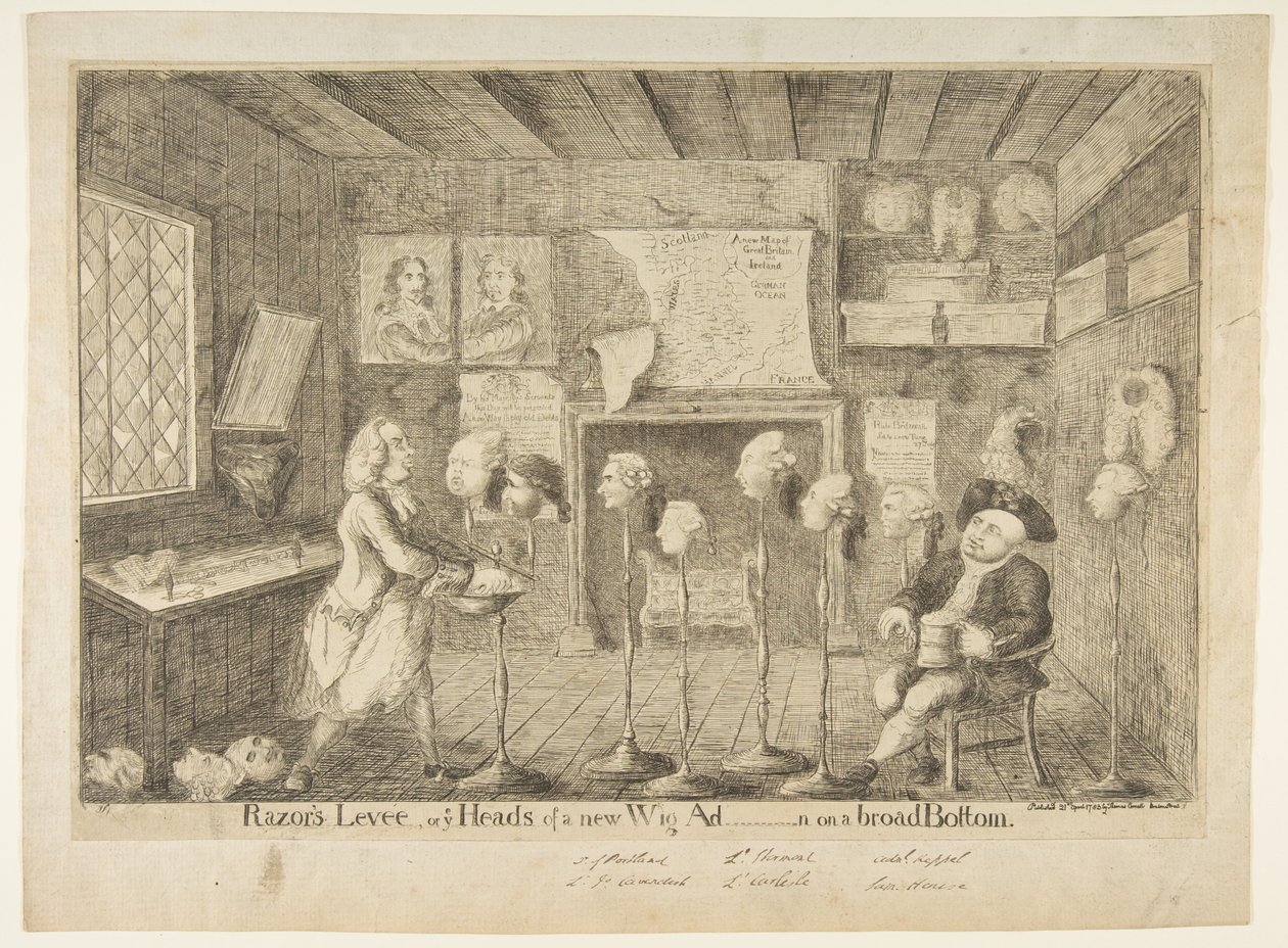 Razors Levée, ou Ye Heads of a New Wig Administration on a Broad Bottom - James Sayers
