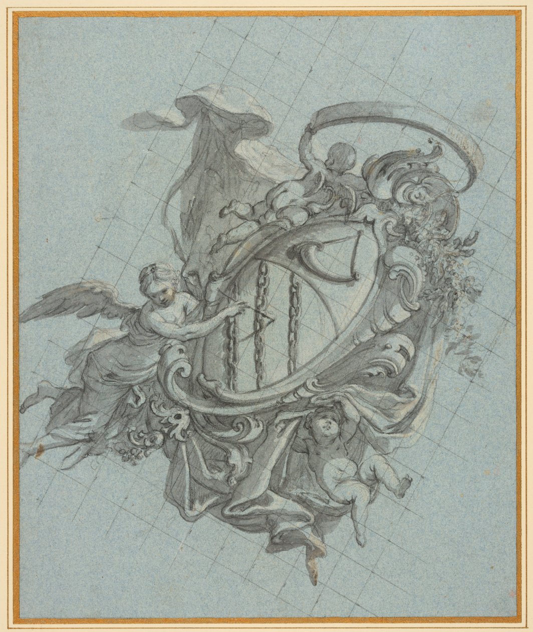 Un blason avec une corne et trois chaînes soutenu par un ange et deux putti - James Thornhill