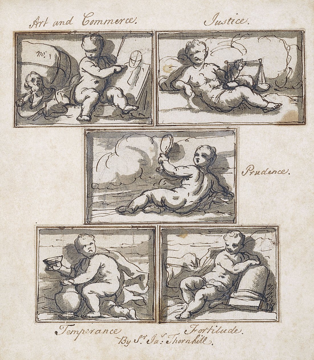 Art et Commerce; Justice; Prudence; Tempérance; et Force - James Thornhill