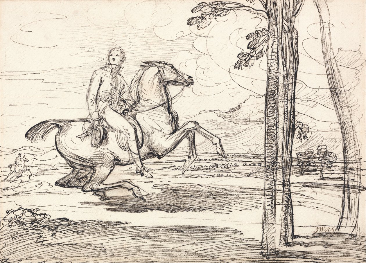 Un cavalier dans un paysage : Probablement une étude pour "Theophilus Levett Fox-hunting in Wychnor Park" (Chasse au renard dans le parc Wychnor) - James Ward