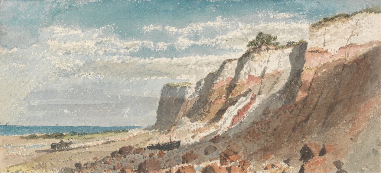 Bord de mer et falaises, avec un cheval et une charrette et un bateau échoué sur le rivage - James Ward