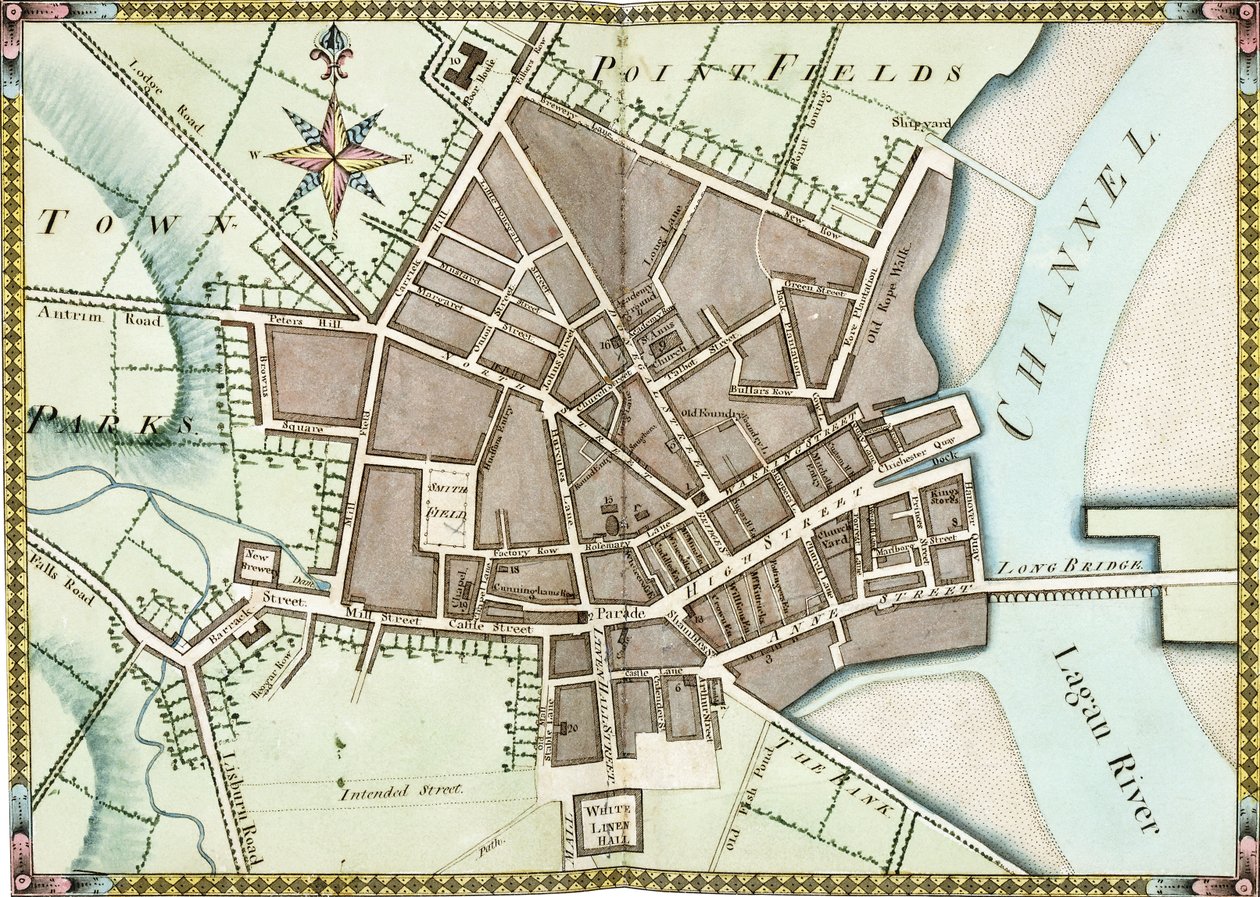 Plan aquarelle double page de Belfast, vers 1795 - James Williamson
