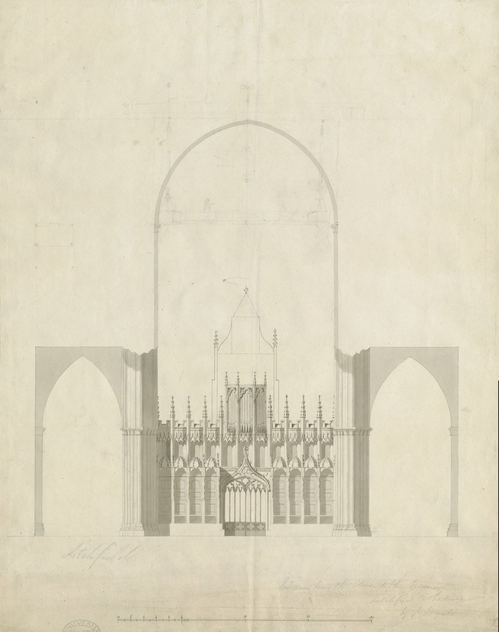 Intérieur de la cathédrale de Lichfield - Entrée du chœur à la nef : dessin et lavis - James Wyatt
