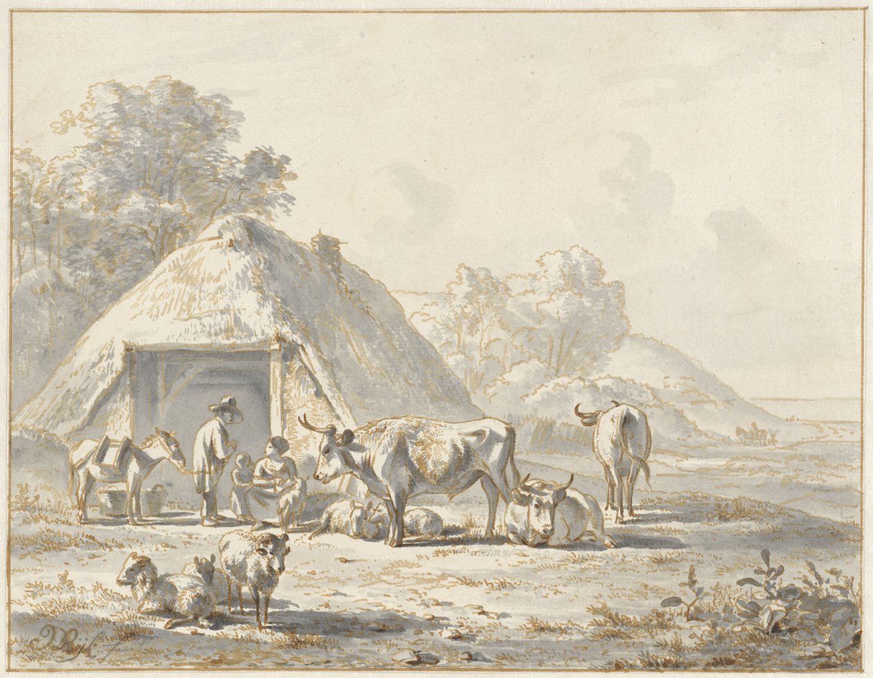 Bétail et figures devant une grange - James de Rijk