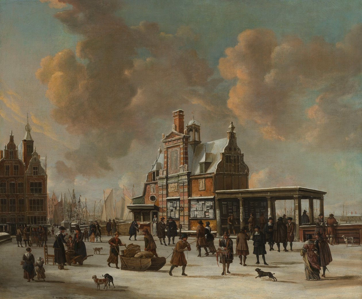 Le Paalhuis et le Nieuwe Brug à Amsterdam en hiver - Jan Abrahamsz. Beerstraten