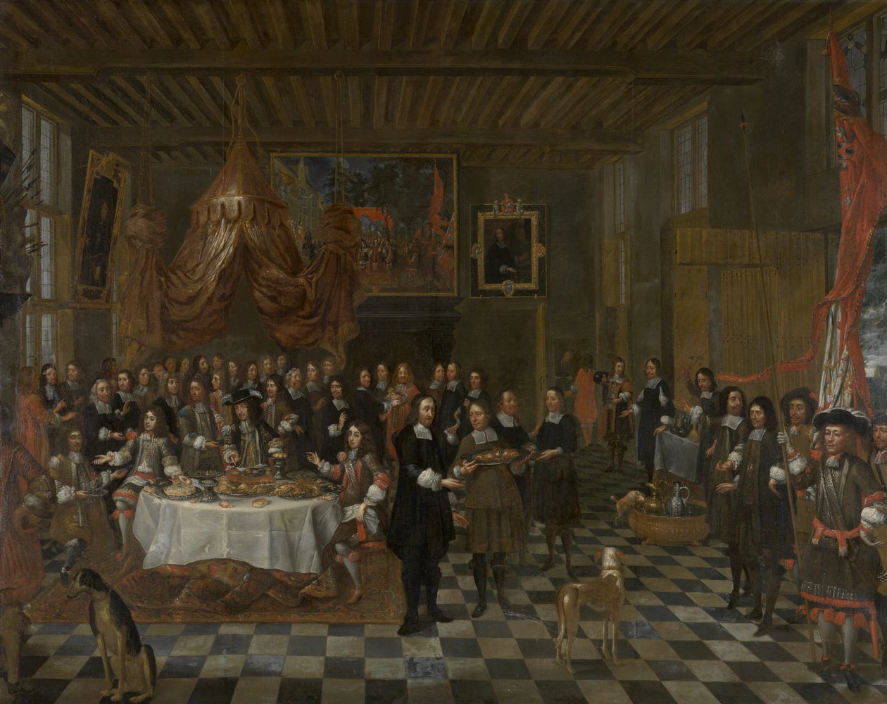 Le Brugse Sint-Barbaragilde offre un banquet au roi anglais Charles II et à ses deux frères dans la salle de la guilde - Jan Baptist van Meunincxhove