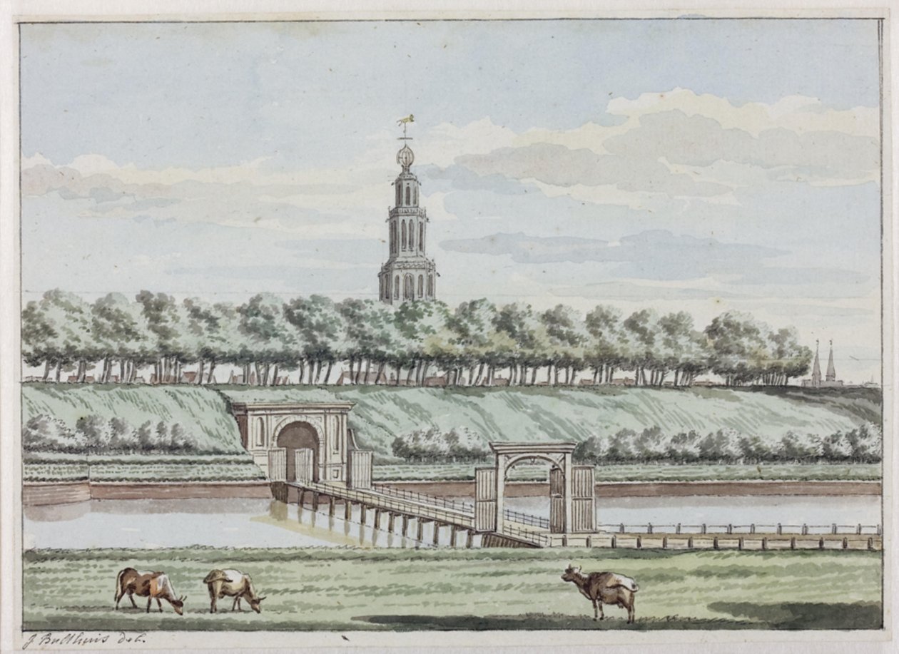 Extérieur de la porte Herepoort et du pont Herepoortenbrug avec rempart de la ville de Groningue - Jan Bulthuis
