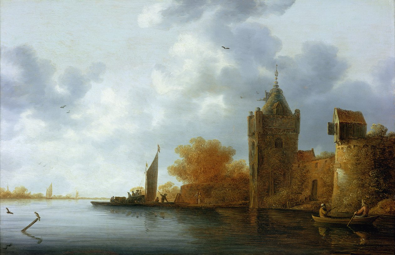 Estuaire fluvial avec une tour et des murs fortifiés, embarquement du ferry - Jan Coelenbier