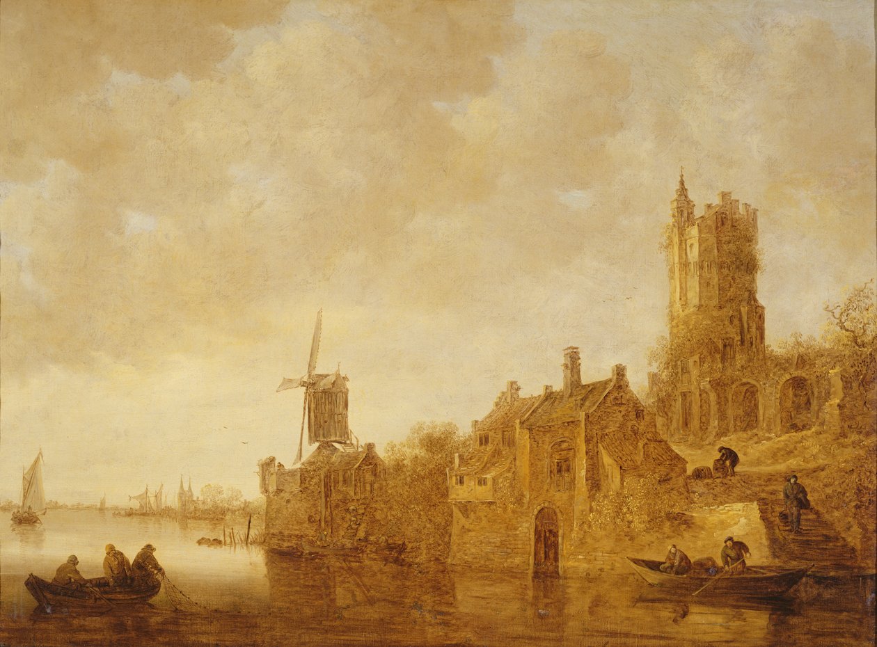 Paysage fluvial avec moulin à vent et ruines de château, 1644 - Jan Josephsz van Goyen
