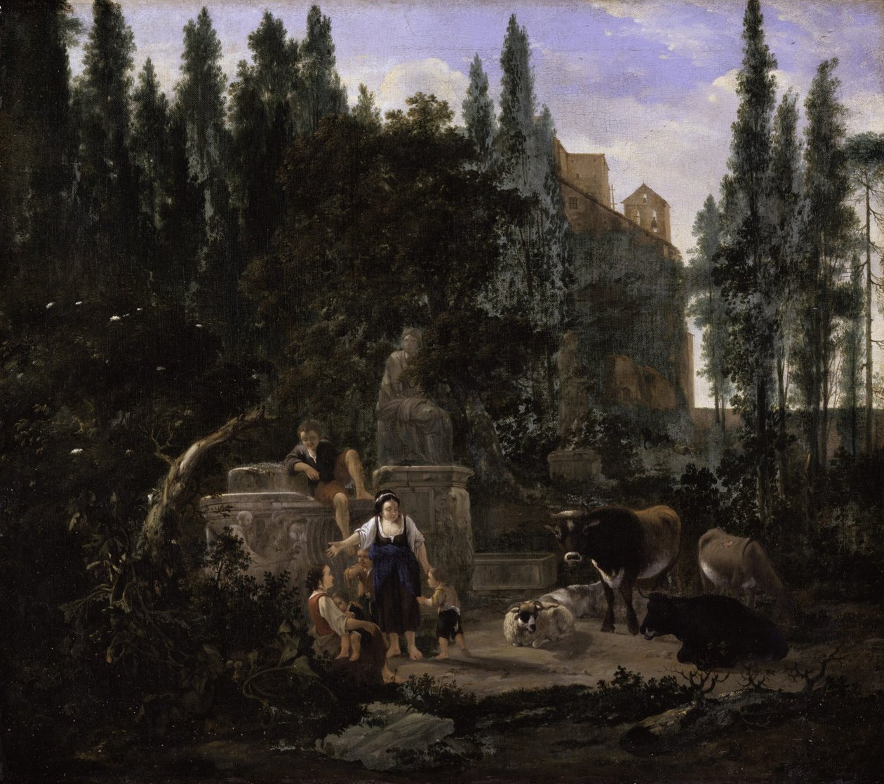 Paysage italien avec figures et bétail - Jan Lapp