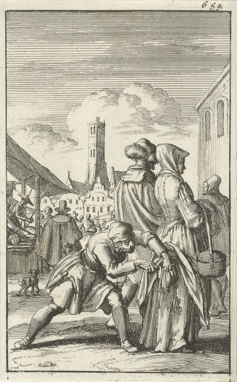 Femme sur un marché se faisant voler son sac, 1685 - Jan Luyken