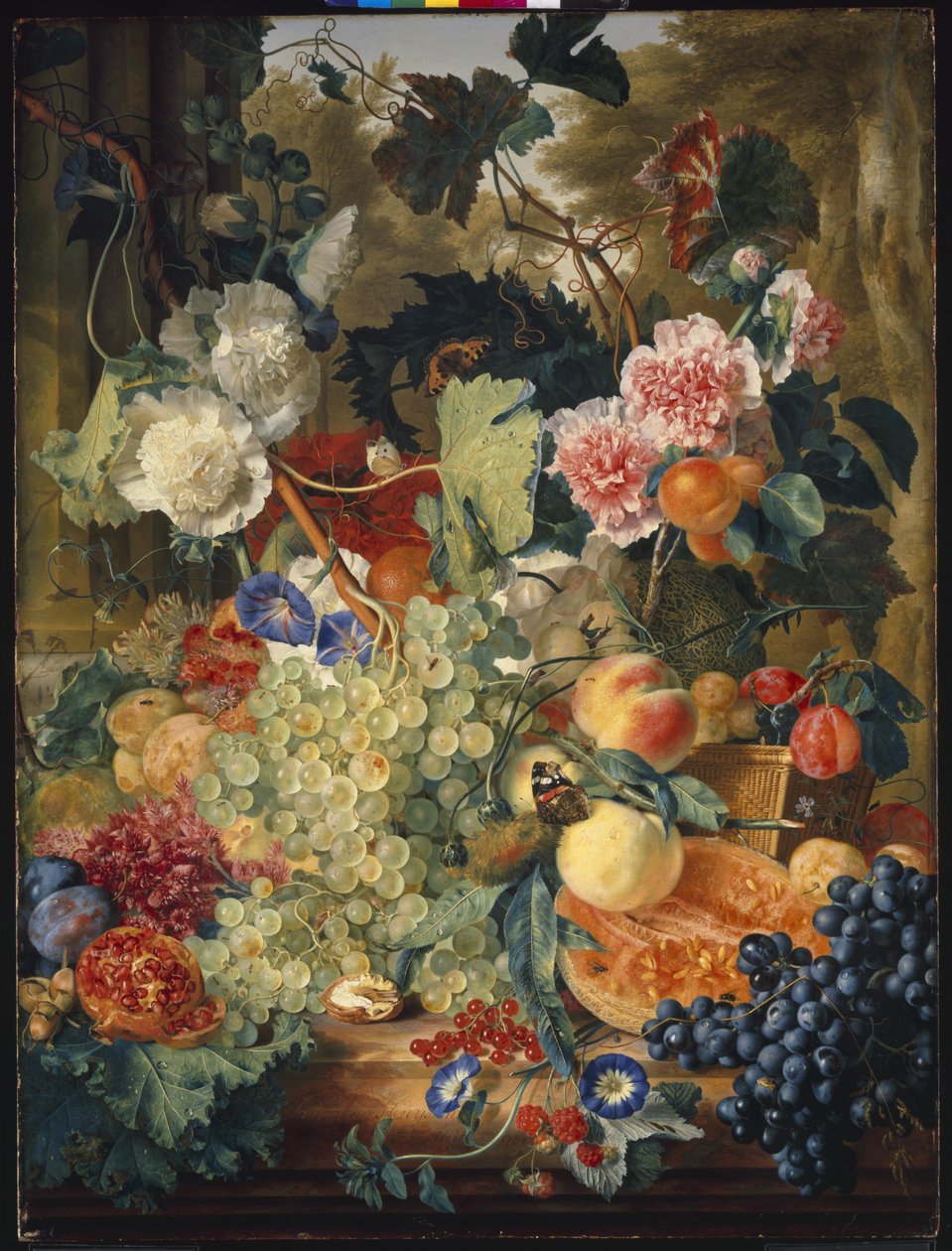 Nature morte de fleurs et de fruits sur une dalle de marbre - Jan van Huysum