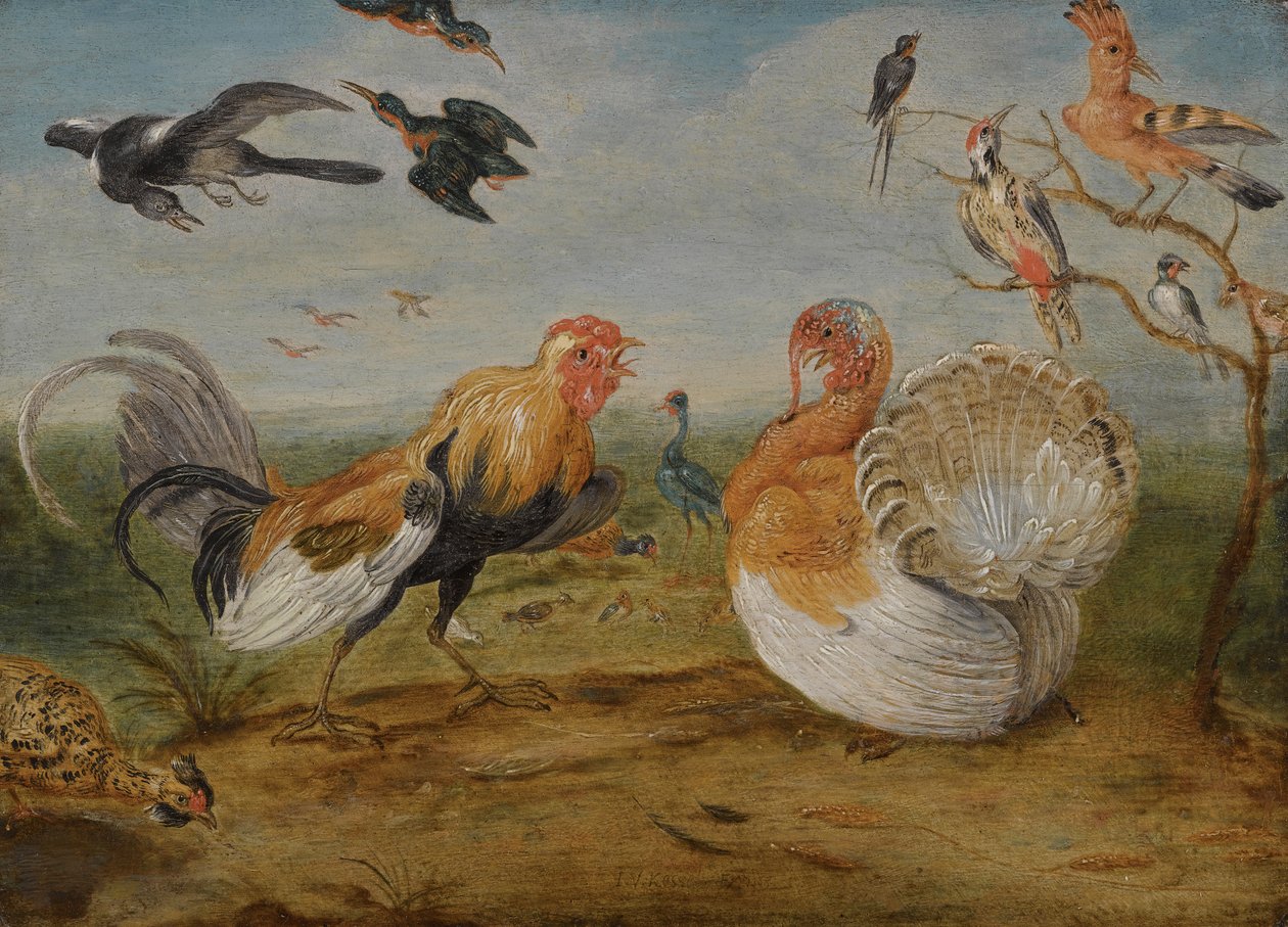 Paysage avec un coq et une dinde se disputant, et d