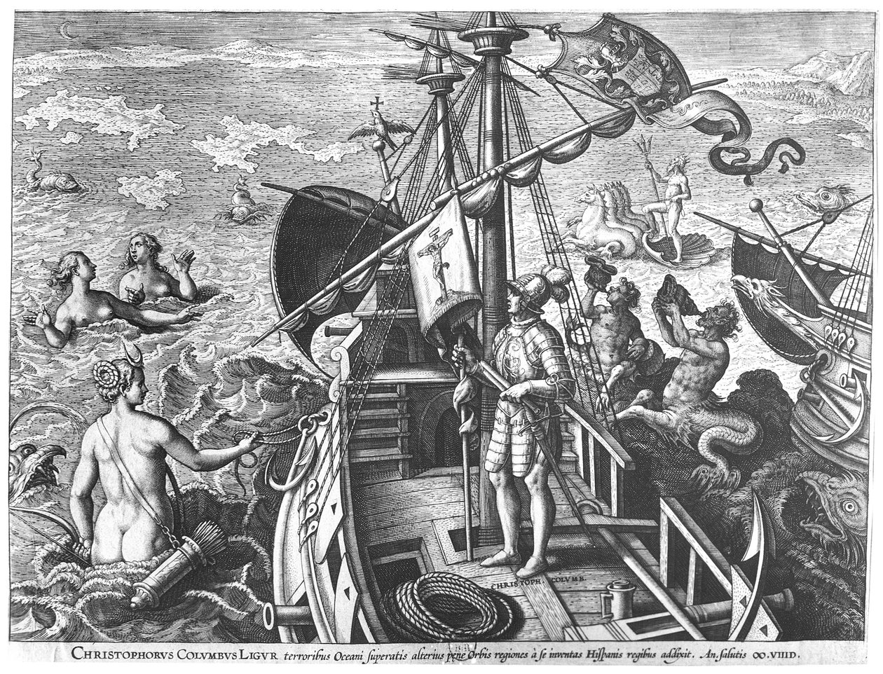 Christophe Colomb (1451-1506) à bord de sa caravelle, découvrant l