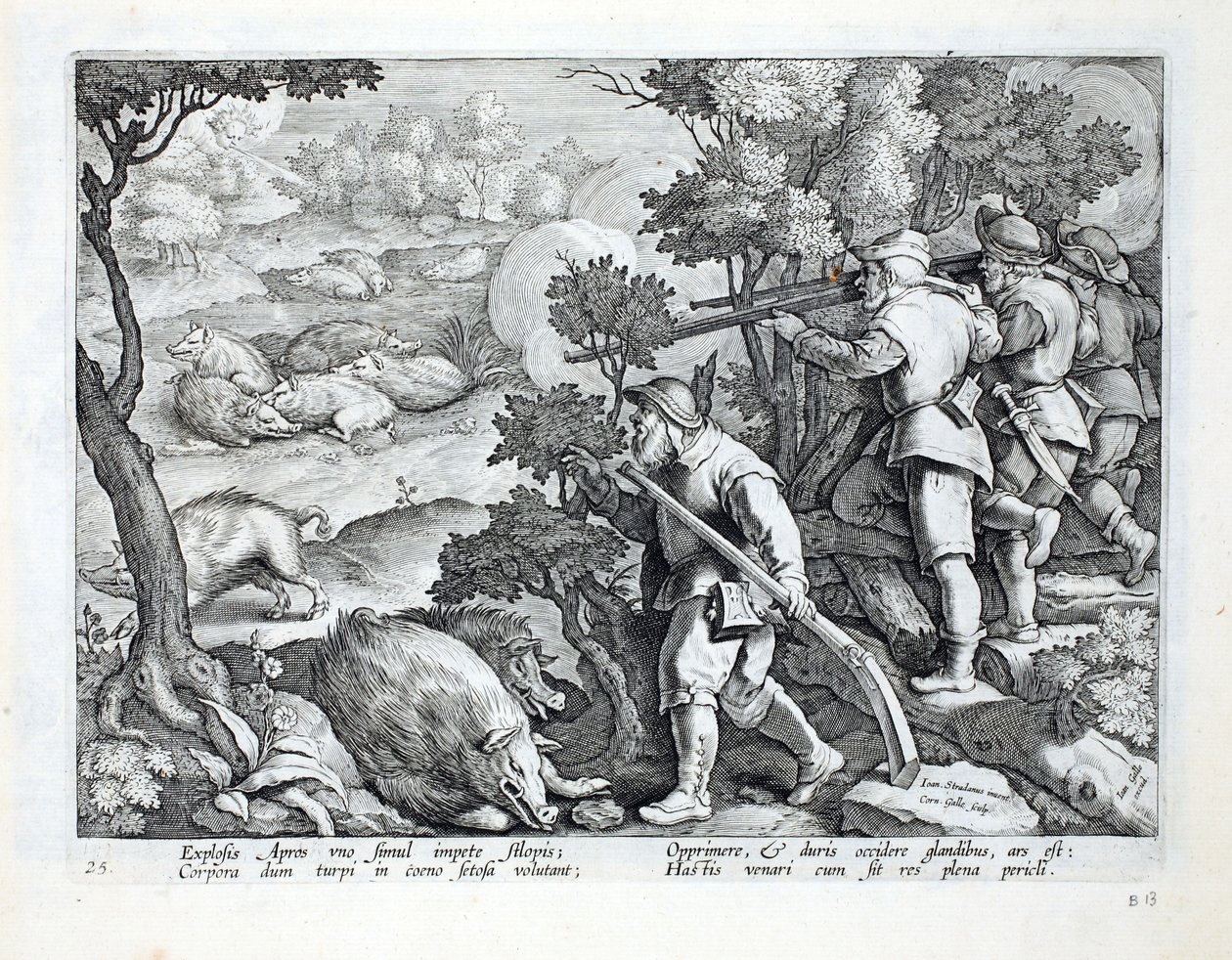 Les chasseurs utilisent des fusils pour abattre des sangliers, illustration de 
