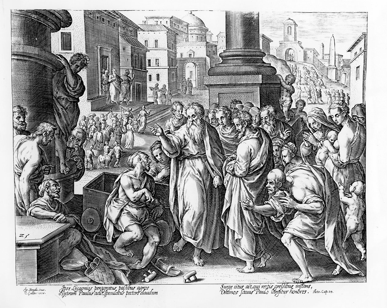Saints Paul et Barnabas prêchant à Lystre, gravé par P. Galleus - Jan van der Straet