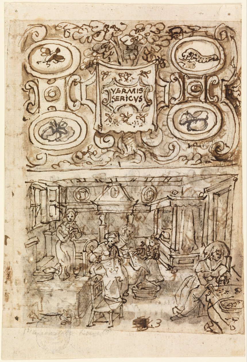 Page de titre pour la série de sériciculture (Vermis Sericus) - Jan van der Straet