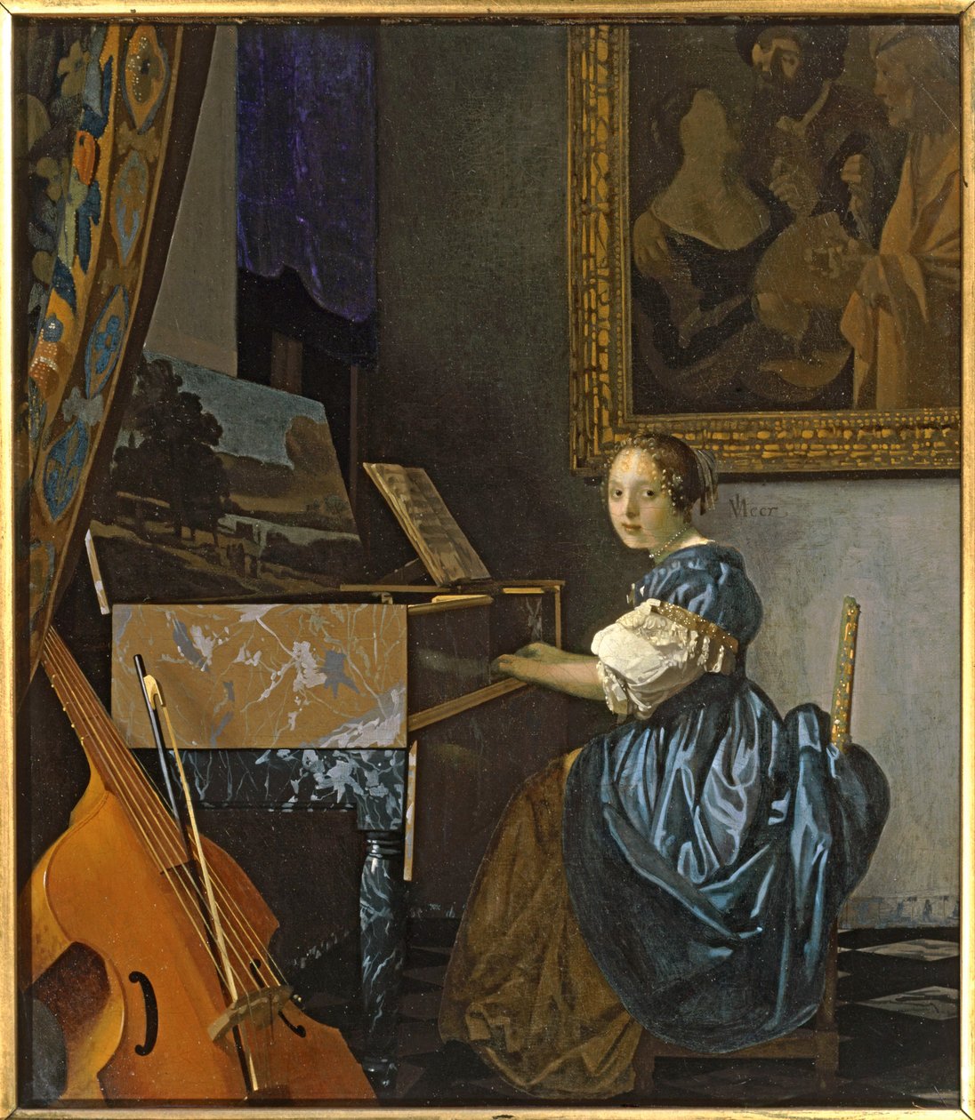 Une jeune femme assise devant la ... (peinture sur toile) - Jan (1632-75) Vermeer