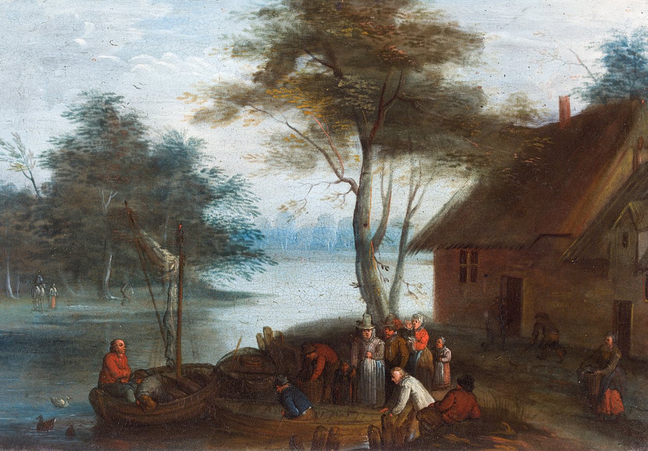 Paysage fluvial avec des personnages près d