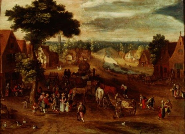 Un village avec des voyageurs devant une auberge - Jan (follower of) Brueghel