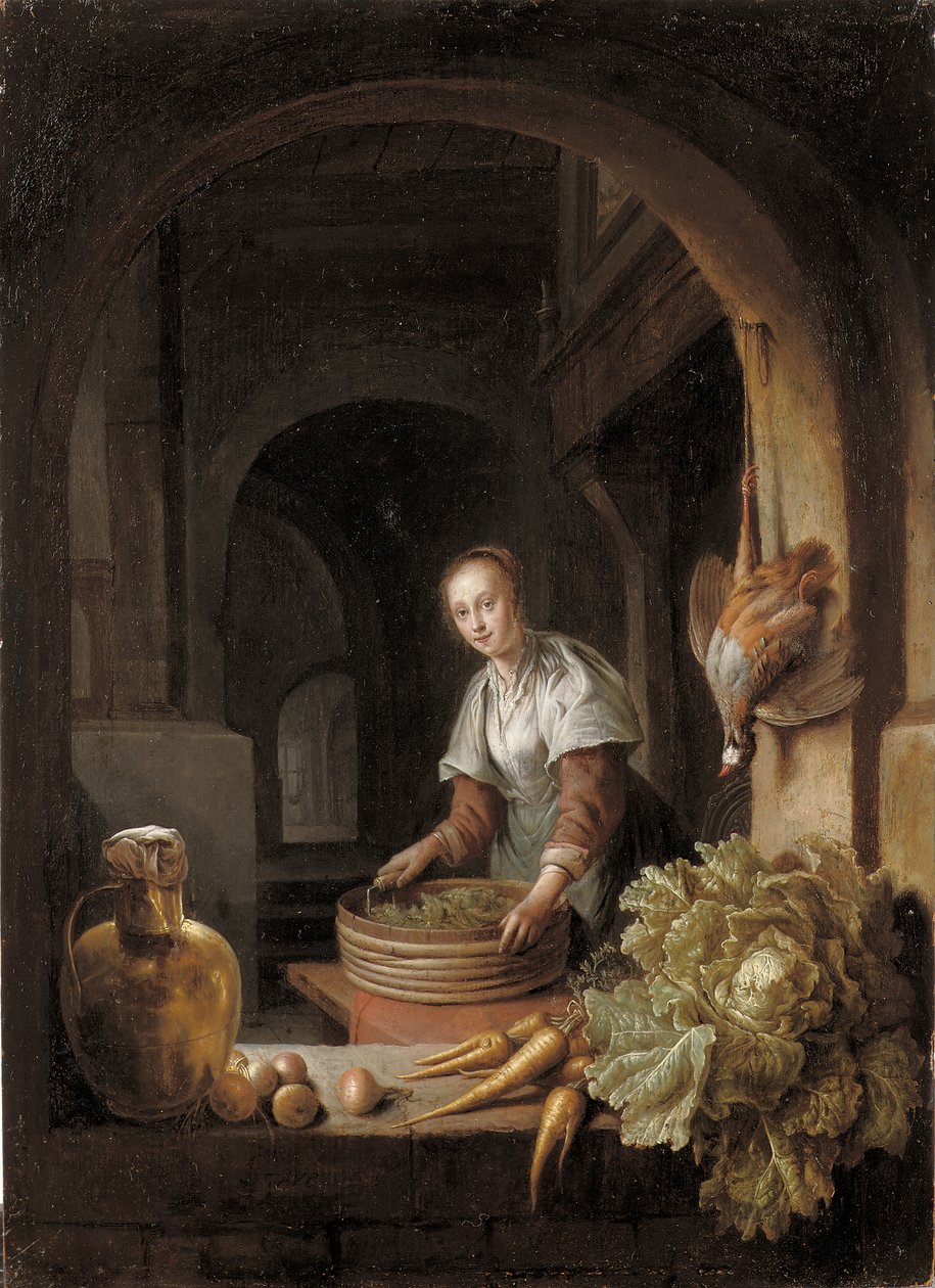 Une servante préparant des légumes dans une cuisine - Jan Adriansz van Staveren