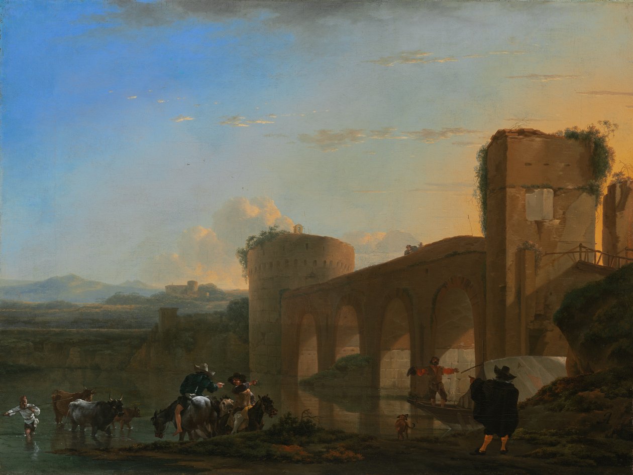 Le Tibre avec le Ponte Molle au coucher du soleil, vers 1650 - Jan Asselijin