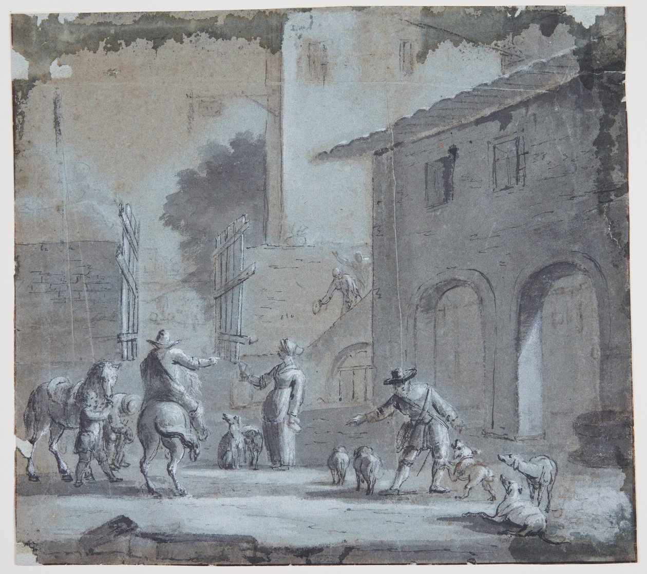 Scène de rue avec une porte ouverte, des figures et des animaux - Jan Asselijn