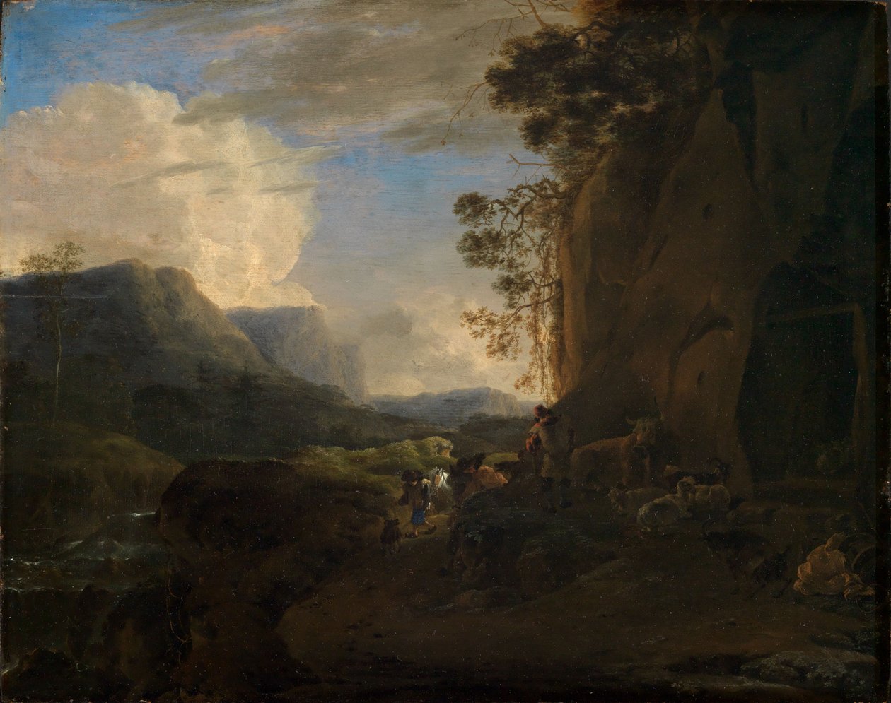 Vallée montagneuse rocheuse avec ruisseau et groupe de bergers - Jan Asselijn