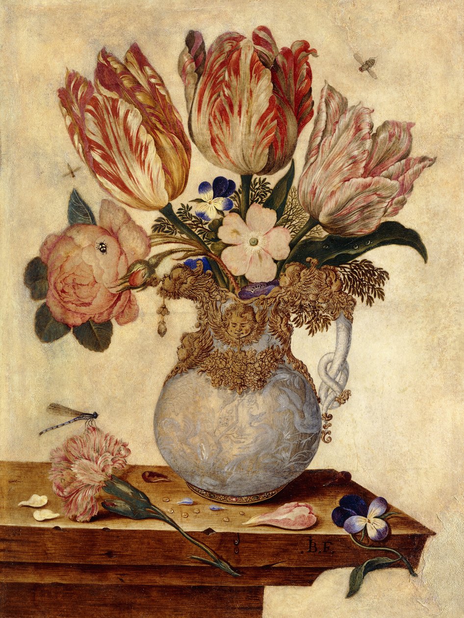Tulipes, myosotis, pivoines et autres fleurs dans un vase sur un rebord - Jan Baptist van Fornenburgh