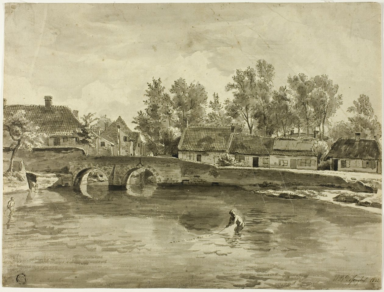 Homme pêchant dans la rivière près du village - Jan Baptiste de Jonghe