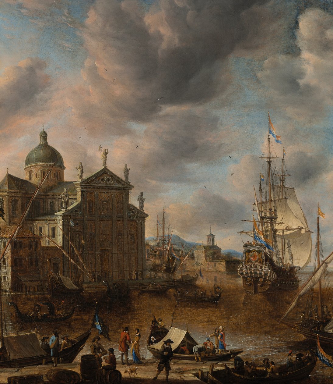 Un port méditerranéen "capriccio" avec des personnages conversant sur un quai et un trois-mâts hollandais amarré au-delà, 1665 - Jan Beerstraten