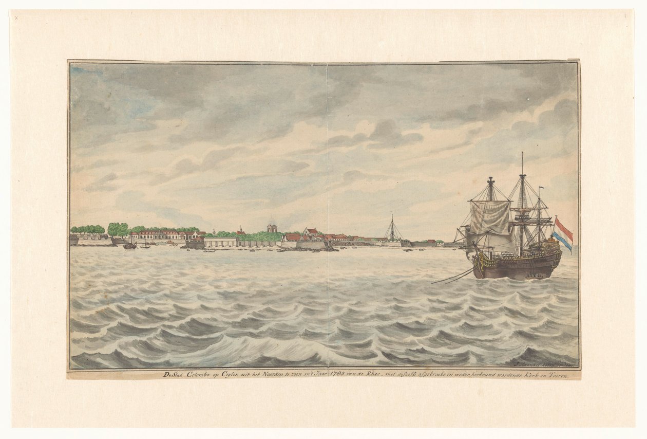 La ville de Colombo à Ceylan vue du nord en 1785 depuis les routes, avec son église et sa tour démolies, qui étaient en cours de reconstruction - Jan Brandes (signed by artist)