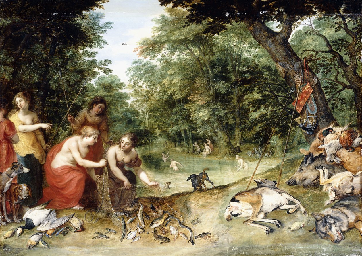 Allégorie des éléments, Terre, Air et Eau : Nymphes se baignant dans une clairière boisée avec des trophées de chasse à proximité, c.1621 - Jan Brueghel the Elder