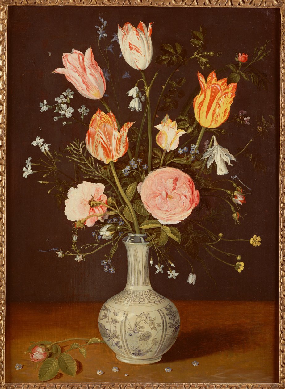 Tulipes, roses, myosotis et autres fleurs dans un vase bleu et blanc de la fin de la dynastie Ming - Jan Brueghel the Elder