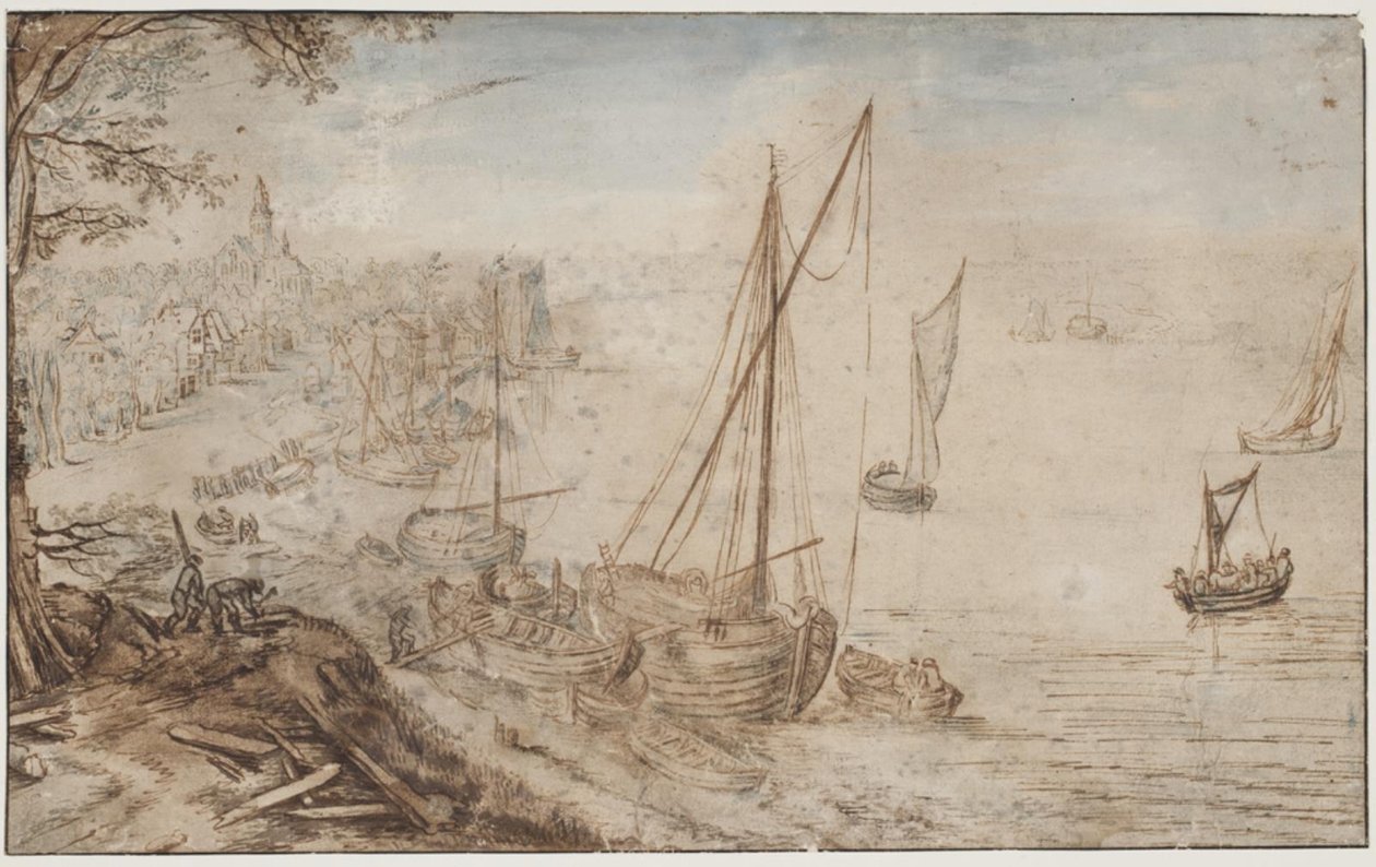 Paysage fluvial. Au premier plan, un bateau chargé et des hommes coupant des planches - Jan Brueghel d.Æ.