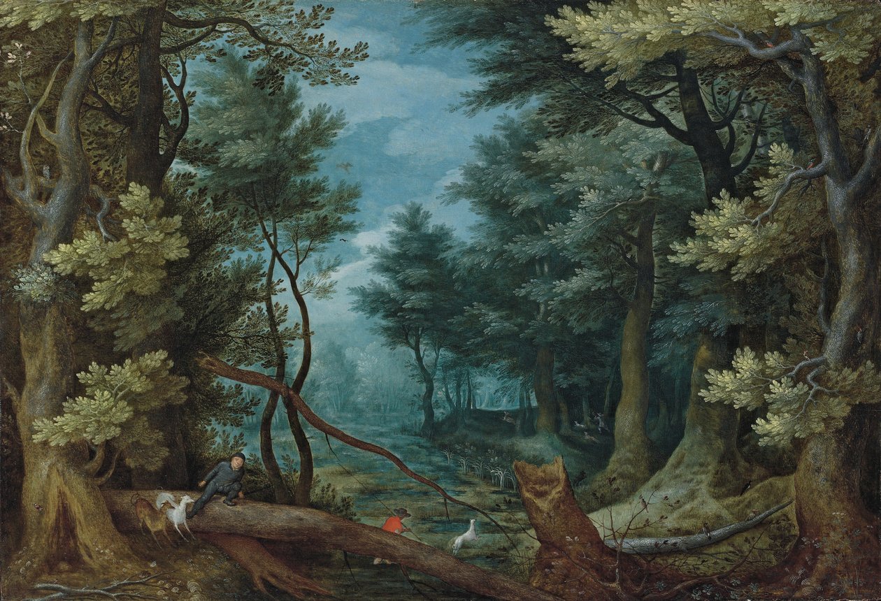 Paysage de forêt avec des chasseurs à la poursuite d