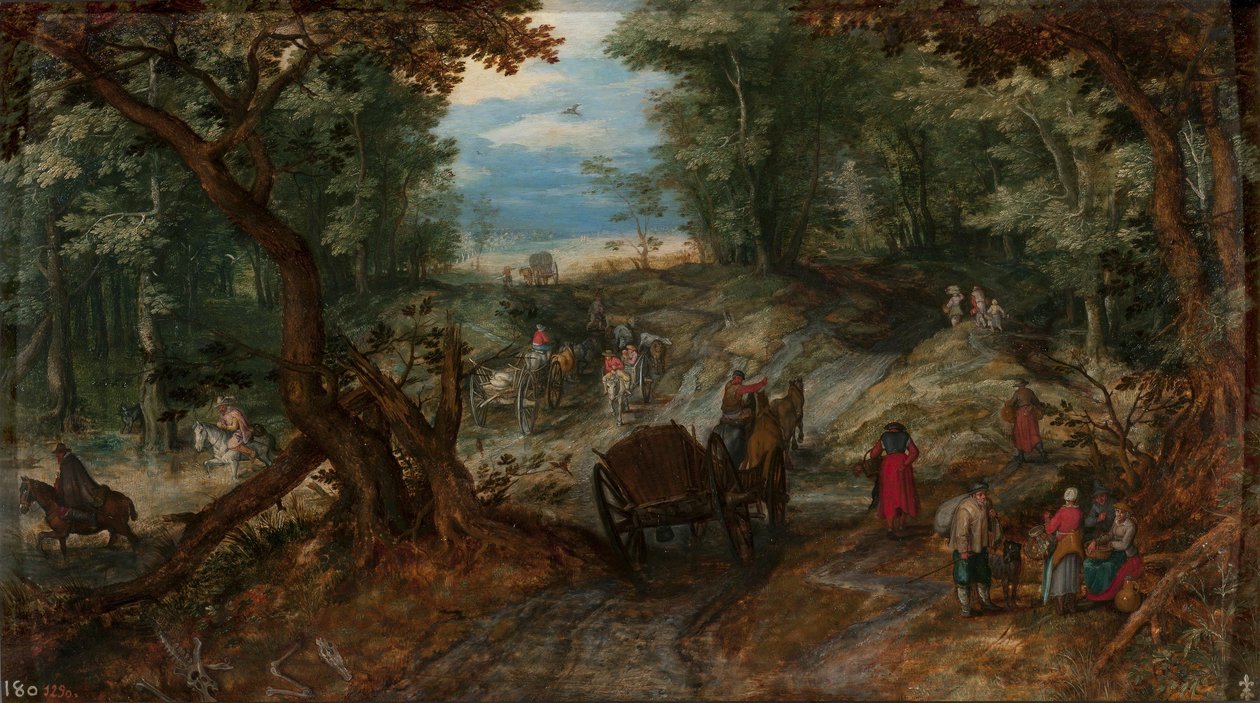 Forêt avec des charrettes traversant un ruisseau et des cavaliers - Jan Brueghel the Elder