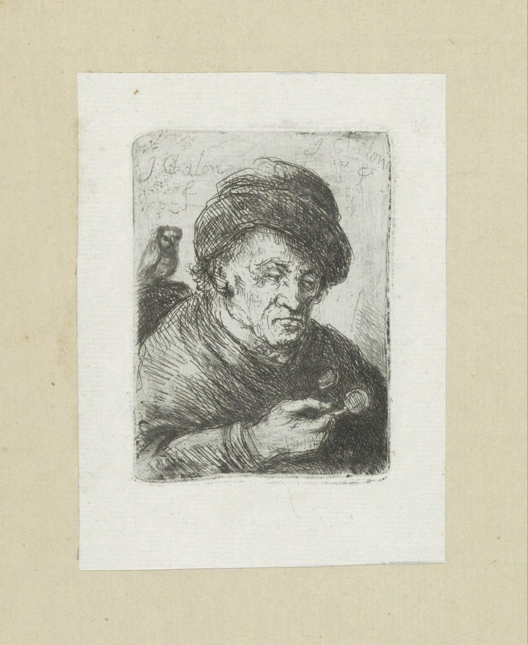 Vieil homme avec des lunettes et un hibou - Jan Chalon