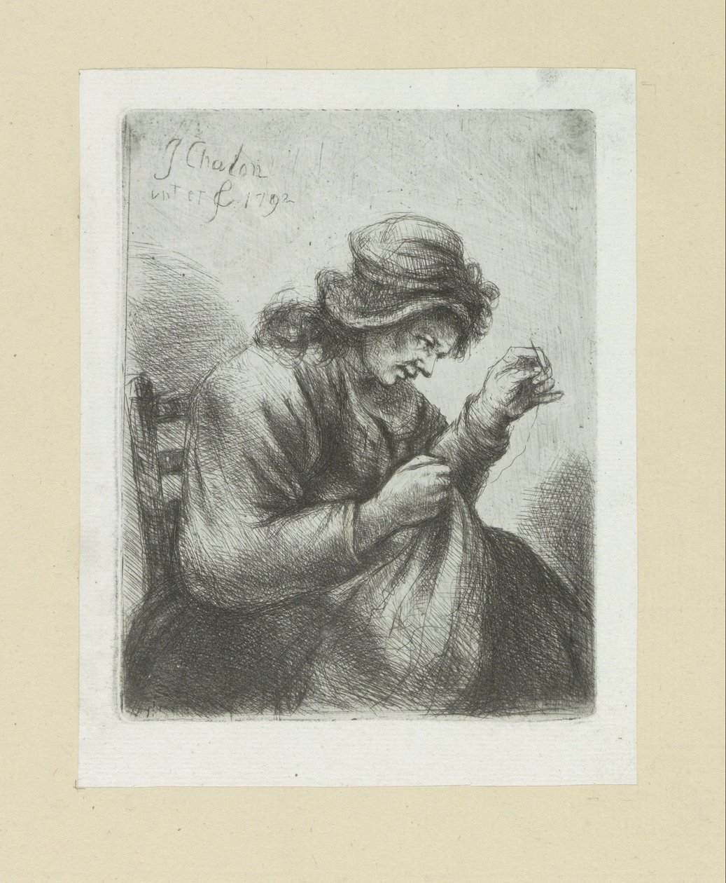 Femme avec aiguille et fil (Oeuvre Complette des Eaux Fortes par Jean Chalon) - Jan Chalon