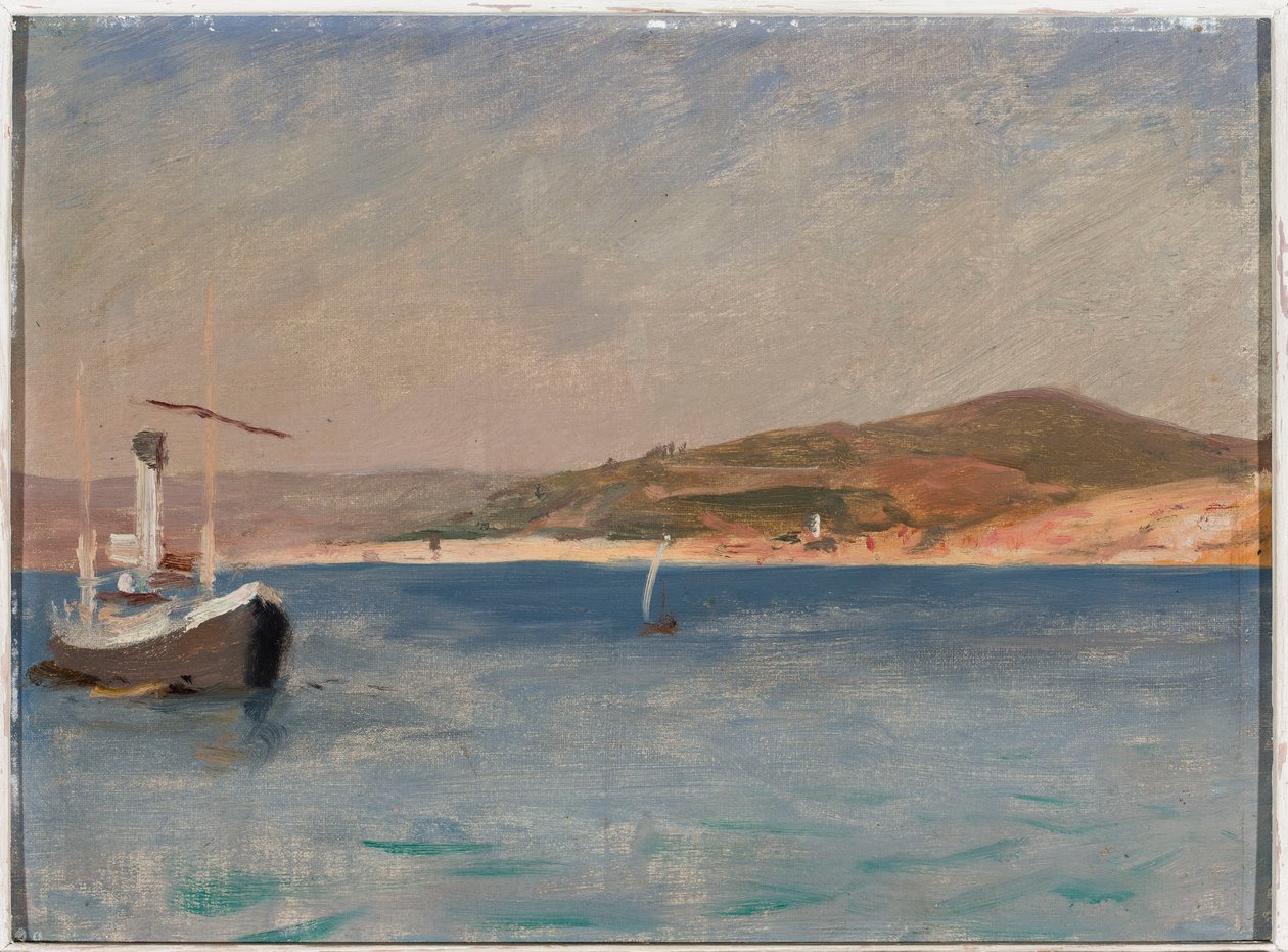 La mer avec un navire près du rivage. Extrait d