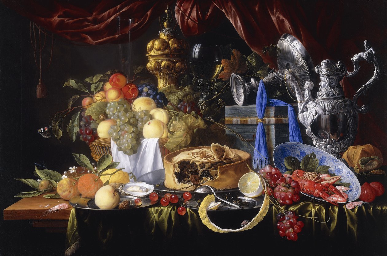 Une tarte sur une assiette en étain, un citron partiellement pelé, une cuillère en argent sur une assiette en étain, écrevisses et crevettes dans un bol Wanli Kraak Porselein, 1649 - Jan Davidsz de Heem