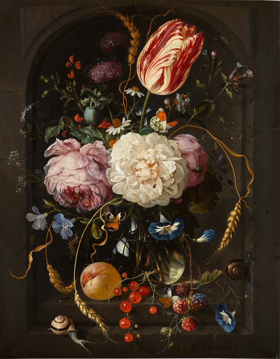 Nature morte de fleurs dans un vase en verre avec insectes et fruits dans une niche en pierre - Jan Davidsz. de Heem