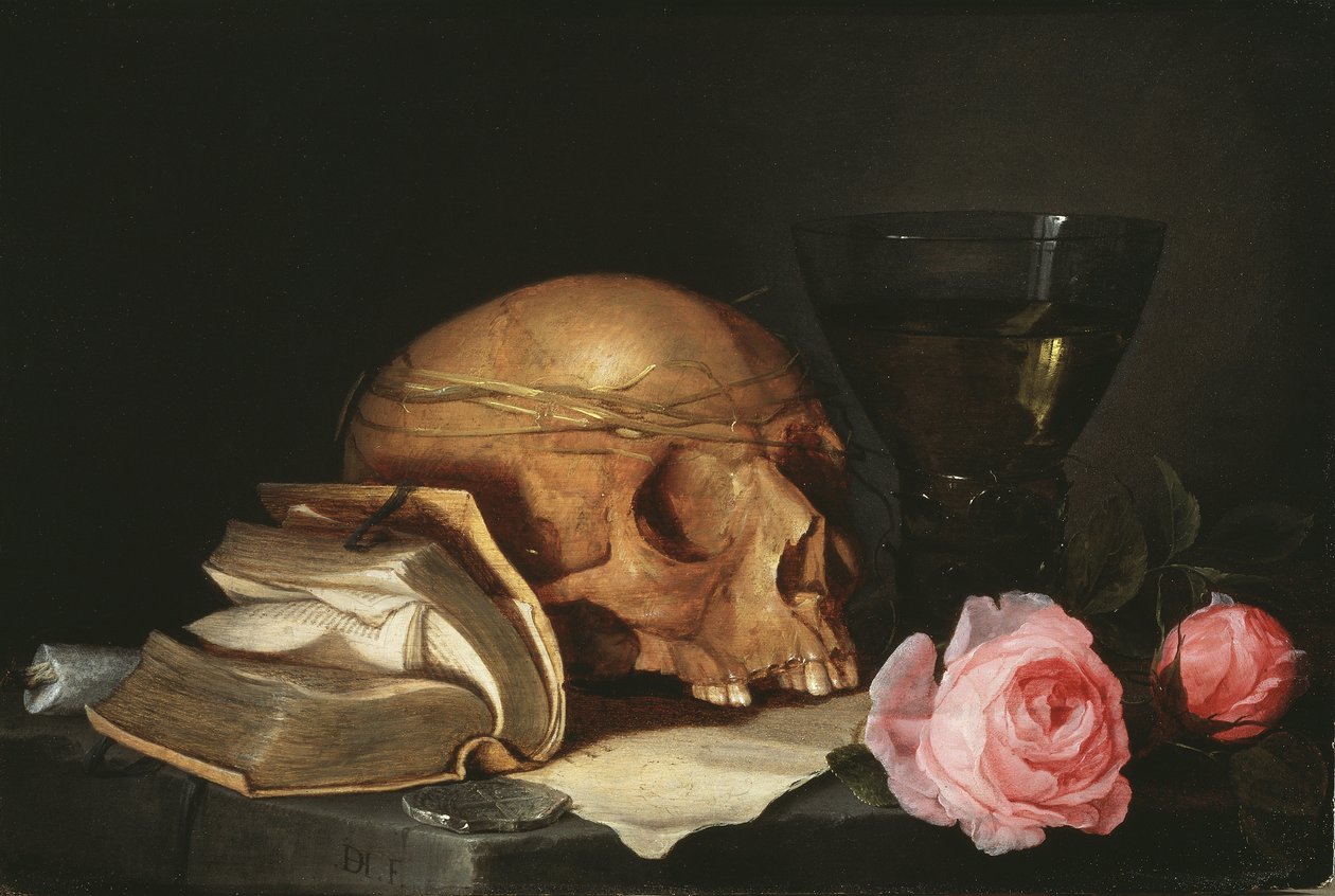Vanité, nature morte avec un crâne, un livre et des roses par Jan Davidsz. de Heem - Jan Davidsz de Heem