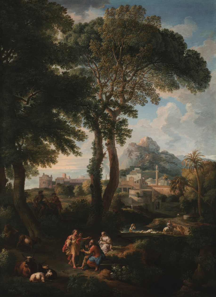 Paysage fluvial classique avec des figures se saluant sur une route au premier plan, vue d